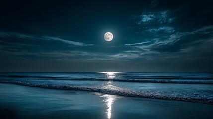 Serene moonlit seascape photograph captures tranquil ocean waves under a starry night sky