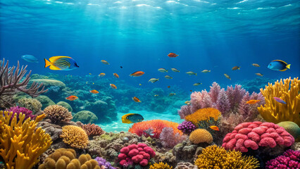 Naklejka premium Vibrant underwater coral reef teeming with colorful fish and clear blue water ocean marine life