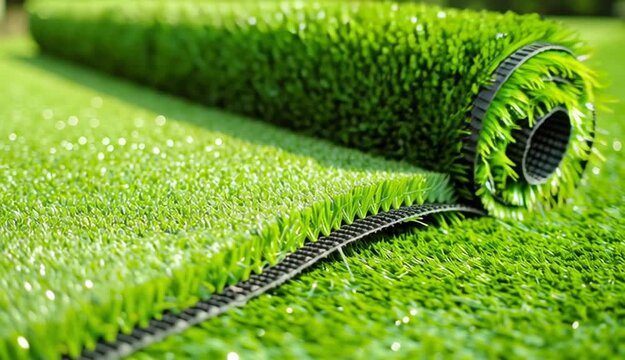 Green artificial turf rolled. Probes examples of artificial turf, floor coverings for playgrounds