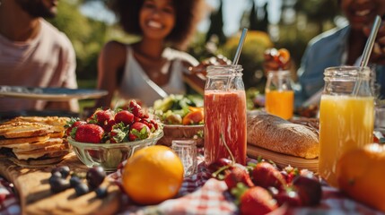 Innergize Day. Friends having a healthy picnic outdoors with fresh fruits, salads, and smoothies, bright sunny day, joyful and relaxed vibes, wellness lifestyle