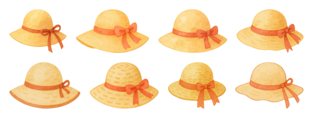 PNG Charming straw hats with ribbons, element set on transparent background