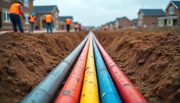 Construction site shows workers installing underground utility pipes, cables for new housing development infrastructure. Trenches reveal colored conduits for power, communication networks, essential - Powered by Adobe