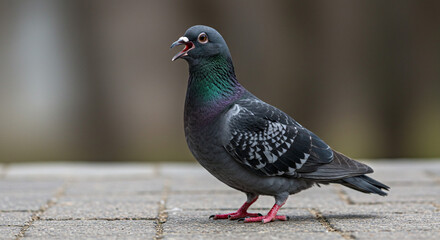 Obraz premium Majestic pigeon cooing with vibrant iridescent feathers, perfect for nature or city life editorial content