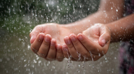 Fototapeta premium Hands catching falling rain drops in cupped palms during a rain shower