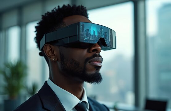 Black man in futuristic smart glasses experiences augmented reality. Businessman wears headset in modern office. Digital interface displays city skyline, showcasing innovation, corporate technology.