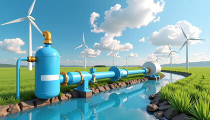 Hydrogen pipeline connecting to renewable energy sources green fields industrial landscape scenic view environmental innovation