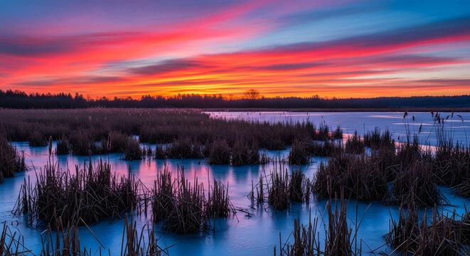 A breathtaking view of a tranquil marsh at sunrise, where the sky is painted with vibrant hues of orange, pink, and blue, creating a majestic ambiance reflecting off the calm water surface - Powered by Adobe