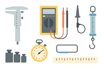 Scientific measuring instruments: caliper, multimeter, stopwatch, weights, spring scale, ruler