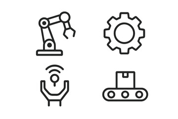 Robotic arm, gear, sensor, conveyor belt icons for industrial automation and technology