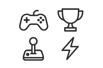 Gaming icons: joystick, trophy, gamepad, lightning bolt for digital entertainment