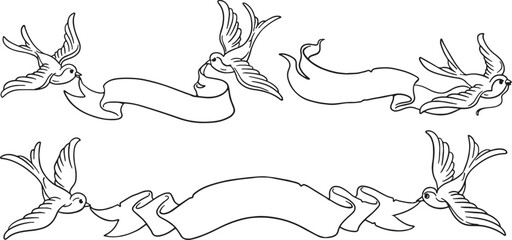 A set of vector illustrations featuring swallow birds carrying elegant ribbons. Perfect for wedding invitations, Valentine's Day cards, and vintage-style designs. The black and white line art is easy.