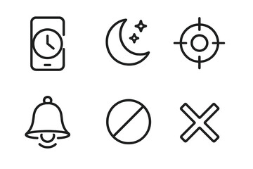 Simple line icons for time, night, target, notification, prohibition, and cancellation