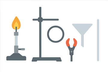 Laboratory equipment collection with Bunsen burner, stand, clamp, and funnel on white background