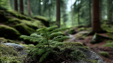Obraz premium Young pine tree forest moss green nature tranquil growth woodland outdoors peaceful
