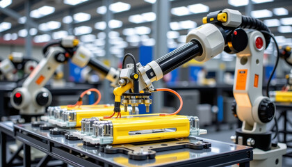 Automated assembly of hydrogen fuel cells industrial facility robotics high-tech environment close-up view innovative manufacturing