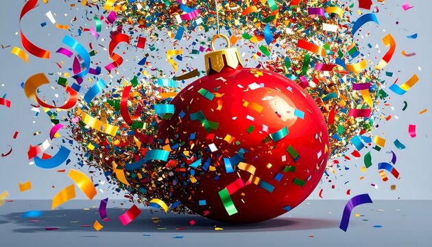 A vibrant red Christmas ornament explodes amidst a flurry of colorful confetti and streamers.