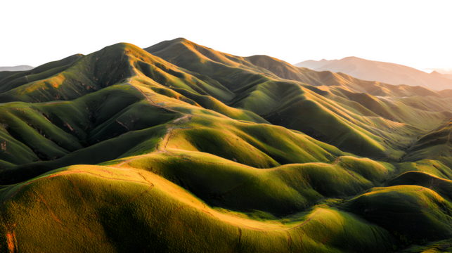 Aerial view of rolling green hills in morning light