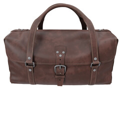 3D rendered brown leather duffel bag with buckle strap and dual handles, isolated on transparent background.
