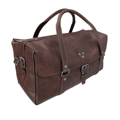 3D rendered brown leather duffel bag with buckle strap and dual handles, isolated on transparent background.