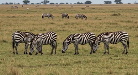 Fototapeta premium Grazing Zebras in African Savanna: Wildlife, Black and White Stripes.