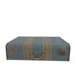 3D rendered vintage suitcase with leather details and blue stripes, isolated on transparent background.