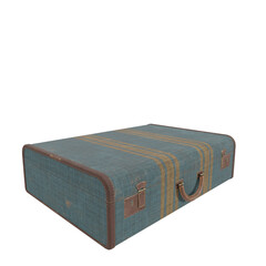 3D rendered vintage suitcase with leather details and blue stripes, isolated on transparent background.