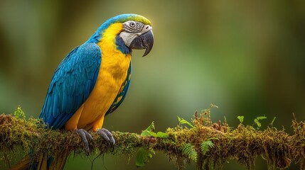 Vibrant macaw perched on a mossy branch in a lush rainforest setting. Detailed plumage and vivid colors highlight its beauty. Wildlife photography.
