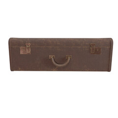 3D rendered vintage suitcase with leather details and blue stripes, isolated on transparent background.
