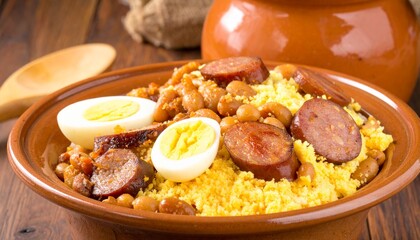 Traditional couscous with sausage, eggs, and beans served in a rustic earthenware bowl