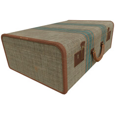 3D rendered vintage suitcase with leather details and blue stripes, isolated on transparent background.