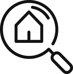 An outline icon depicting a magnifying glass over a house symbol, representing property search or real estate.