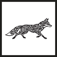 Tribal Fox Silhouette Black and White Stylized Animal Illustration with Ornamental Swirls and Walking Pose
