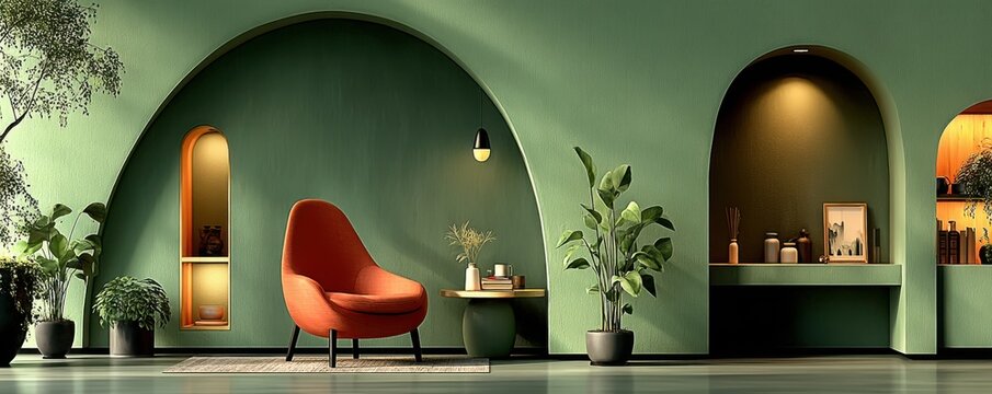 Modern interior with a green wall and contemporary red accent chair