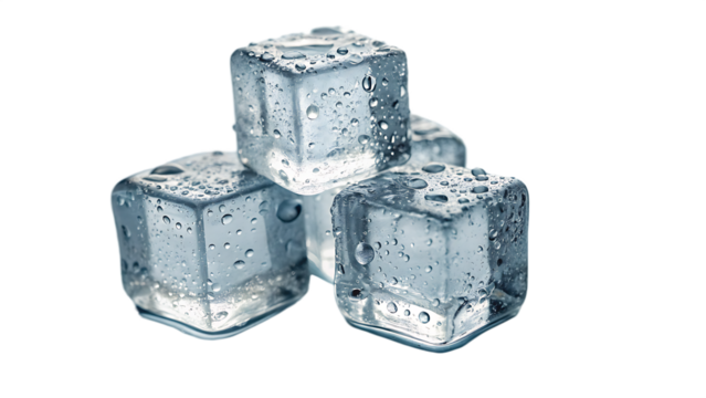 Four glistening ice cubes stacked together, isolated on transparent background, showcasing their refreshing coolness