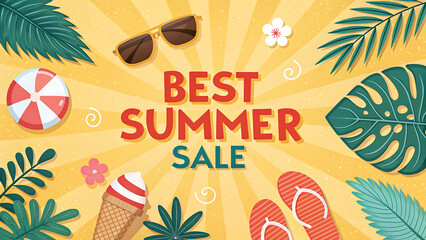 A vibrant summer sale banner with sunglasses, flip flops, and tropical leaves on a sunny yellow background