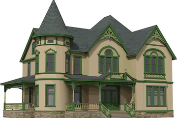 3D rendering of a Victorian style house with turret, green trim, ornate woodwork, detailed architecture, historic American home.
