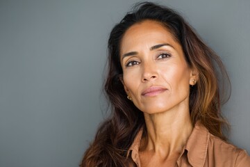 Fototapeta premium Latina Middle Age Portrait with Confidence on Grey Background