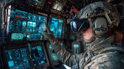 Futuristic Soldier: A soldier in tactical gear uses virtual reality to navigate complex digital interfaces and analyze data in a high-tech environment.
