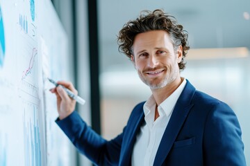 Cheerful business strategist presenting data on whiteboard. Smiling confident male analyst explaining financial growth chart in office meeting