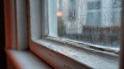 Leaking Window. Closeup of Condensation on Sash Window Frame