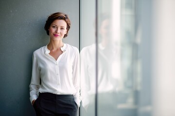 Stylish female professional standing confidently in modern workplace. Businesswoman in white shirt posing near glass wall at office