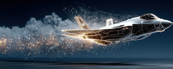 Futuristic low-poly hologram of a modern jet fighter in motion