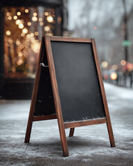 Chalkboard menu sign mockup | Blank A-frame board with snow accents on winter sidewalk | Cozy urban holiday aesthetic | Restaurant signage and seasonal promotions