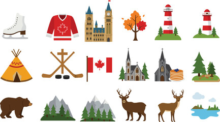 Canada icons collection, Canadian culture symbols, maple leaf, wildlife, nature, hockey, landscapes, traditions