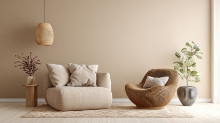 Serene interior Beige armchairs, decorative plants, woven lampshade, and soft rug