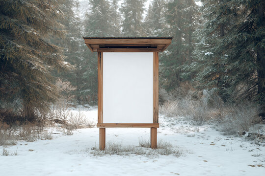 Trailhead map sign mockup | Blank acrylic board with wooden frame in snowy winter forest | Outdoor signage | Hiking trail information display - Powered by Adobe