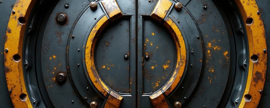 Futuristic grunge metal spaceship door features yellow scratches, weathered textures. Dark gray metal panels with rivets, bolts, surrounded by worn yellow rim, show signs of rust, peeling paint. - Powered by Adobe