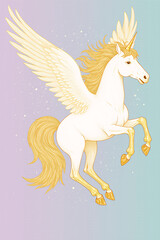 White horse with golden wings, golden mane and hooves, majestic and fantasy animal concept, surreal and artistic design