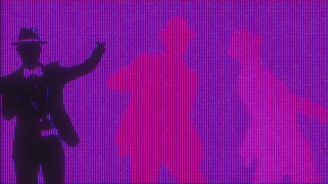 4K Retro silhouette dancers in glitchy magenta light, nightclub party visuals for concerts and VJ loops, club scenes and music background projections