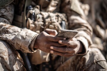 Military Cell Phone. Soldier in Camouflage Using Smartphone for Communication in Boot Camp